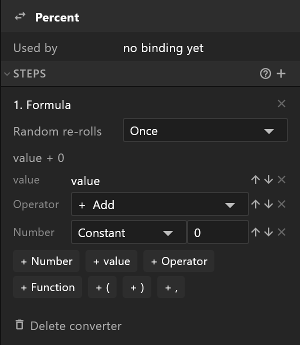 A Formula step: value + 0, with its tokens and the buttons that add more