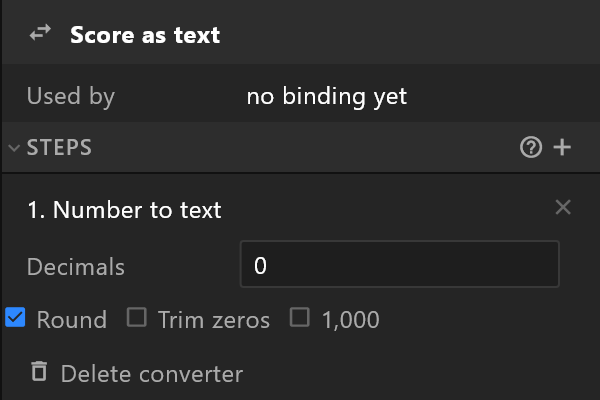 A converter with one step, Number to text: Decimals and the Round, Trim zeros and 1,000 options