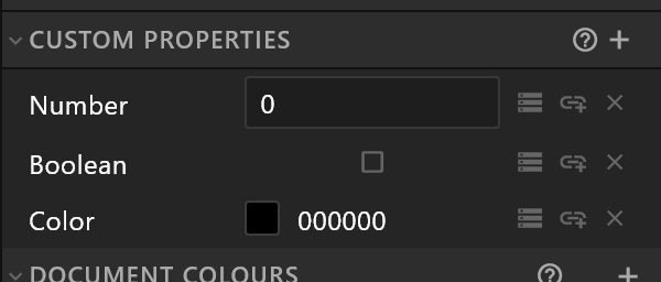Three custom properties on a shape — a number, a boolean and a colour — each with its key and bind buttons