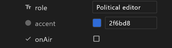 accent with Visible to controller unticked: its row dimmed between role and onAir