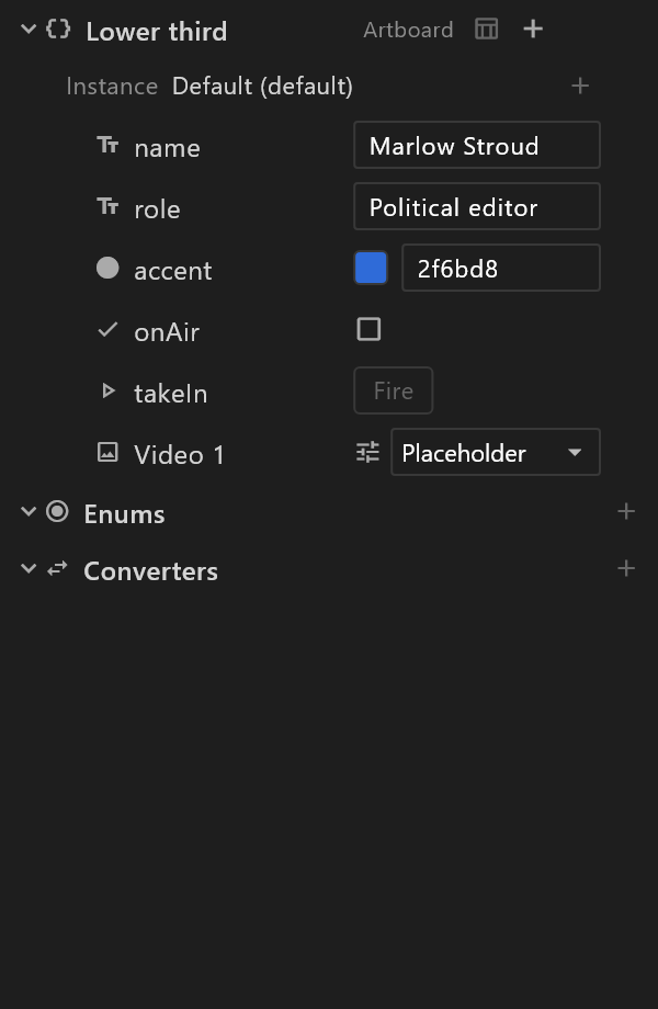 The Data panel, with a view model and its properties