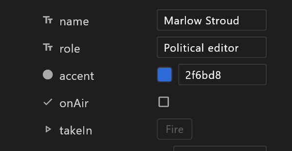 Properties of a view model, each with its value