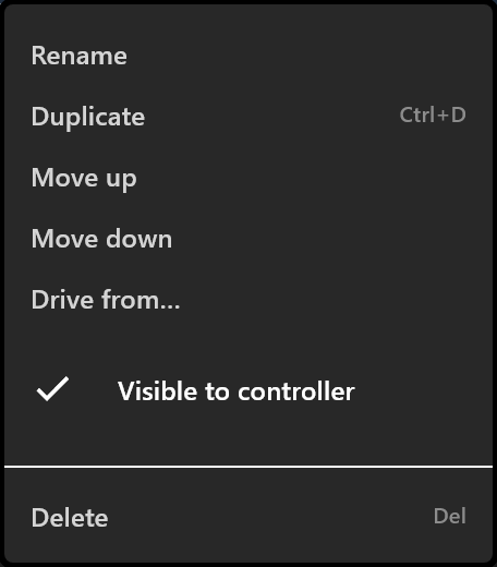 A property's menu: Rename, Duplicate, Move up, Move down, Drive from…, Visible to controller, Delete