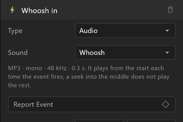 An Audio event: Type Audio, and the sound it plays in its Sound row