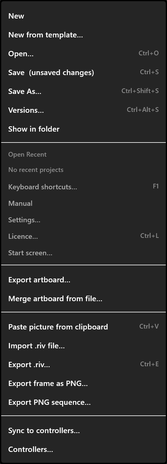 The File menu, open: documents, settings and help, bringing things in and out, and getting it to air