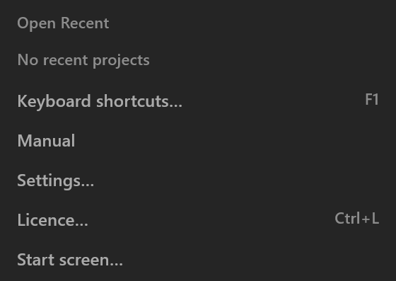 Open Recent, Keyboard shortcuts…, Manual, Settings… and Start screen… in the File menu