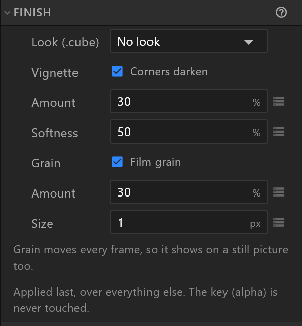 The Finish section: Look (.cube) set to No look, Corners darken on with its Amount and Softness, Film grain on with its Amount and Size, and the notes under them