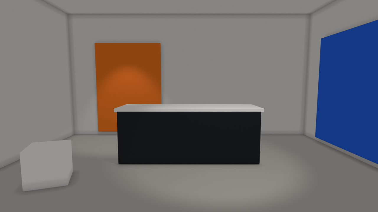 The same news set at Maximum without global illumination: two spotlights and a flat Ambient fill, every shaded surface the same grey