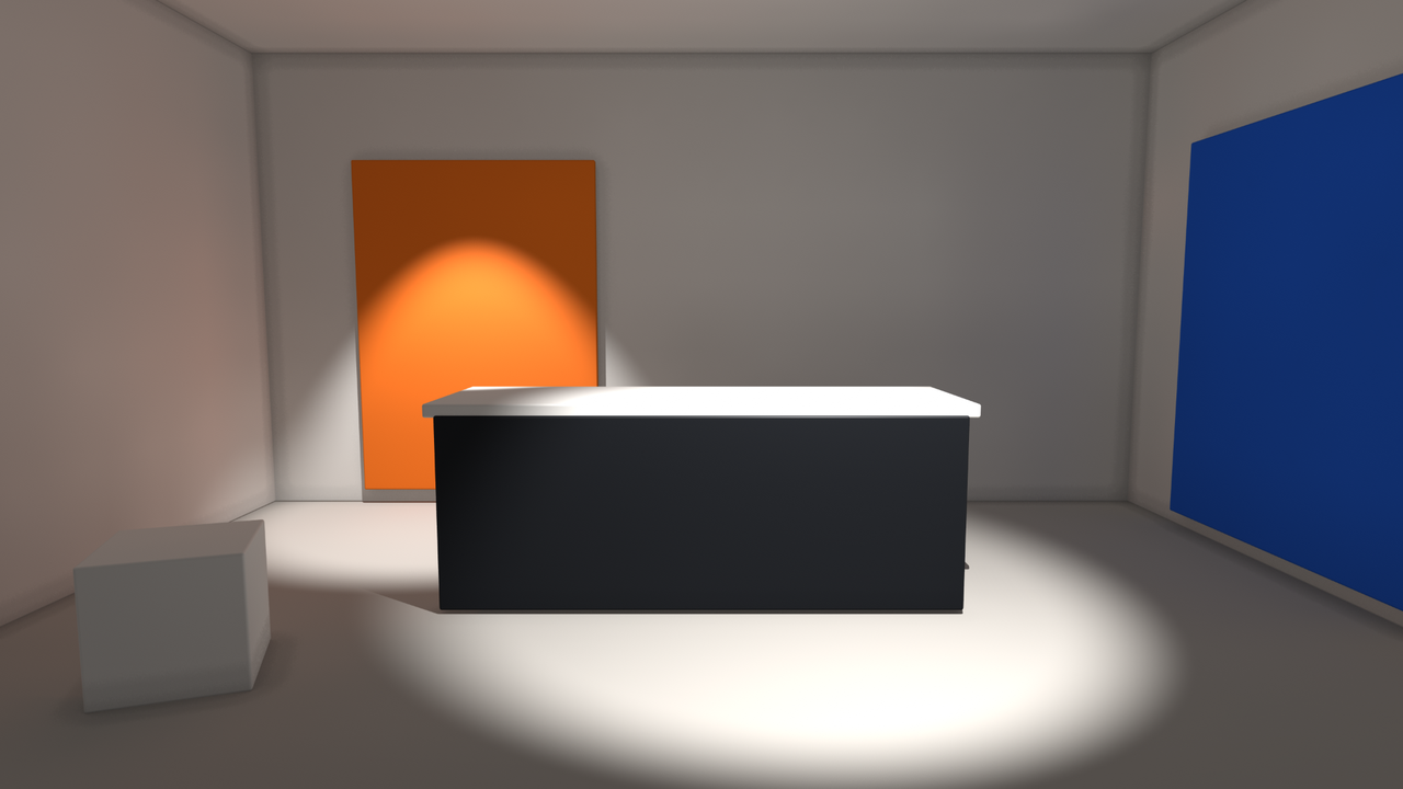 The same set with global illumination, Ambient lowered and the lights raised to the same brightness: warm light bounced off the orange panel and the floor onto the wall and ceiling, cooler light by the blue panel, pools of light, and the desk and block grounded