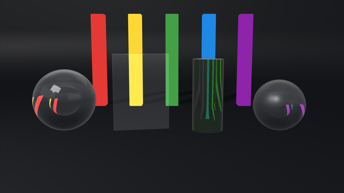 Glass over a dark floor: a thick sphere and a thin sphere bending the coloured bars behind them, a thin pane that does not bend, and a tinted cylinder