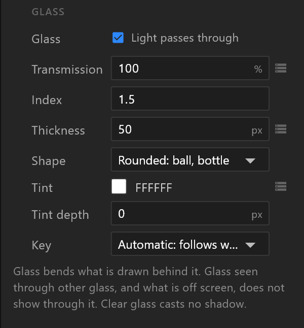A material's Glass section: Glass on, Transmission, Index, Thickness, Shape, Tint, Tint depth, Key and its note