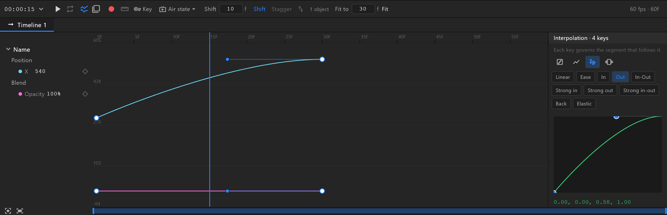 The graph editor: the X position as a curve with its two handles, opacity as a flat line, each row marked with its curve's colour