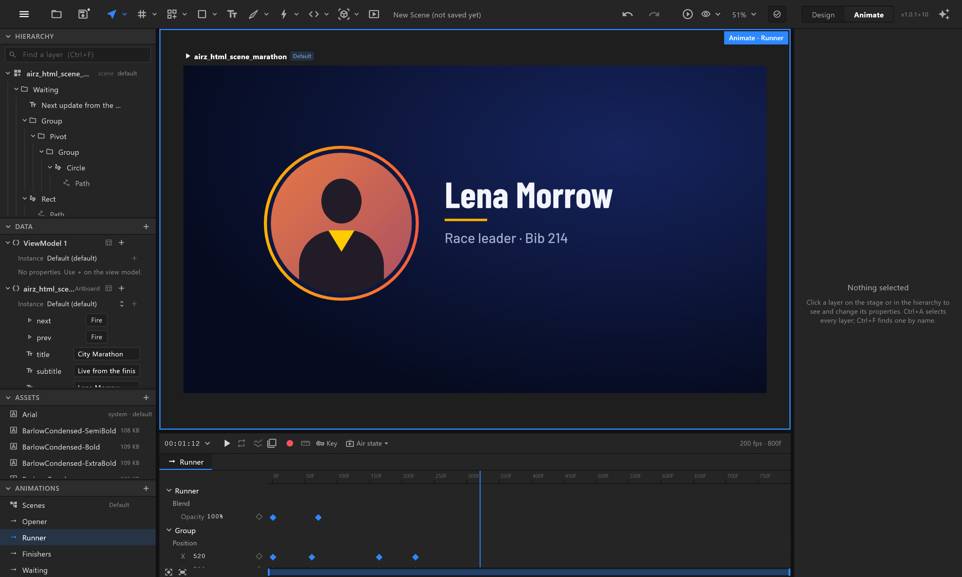 The imported City Marathon page in airZ Editor: the Runner scene on the stage in Animate, its keys on the timeline, the scenes under Animations and the fields under Data