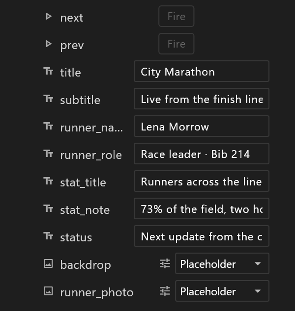 The fields the page made, in the Data panel: next and prev, the texts title to status, and the pictures backdrop and runner_photo