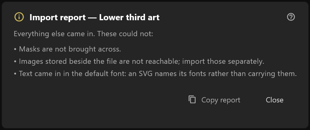 The import report after an SVG: its file in the title, and the three things that could not come across