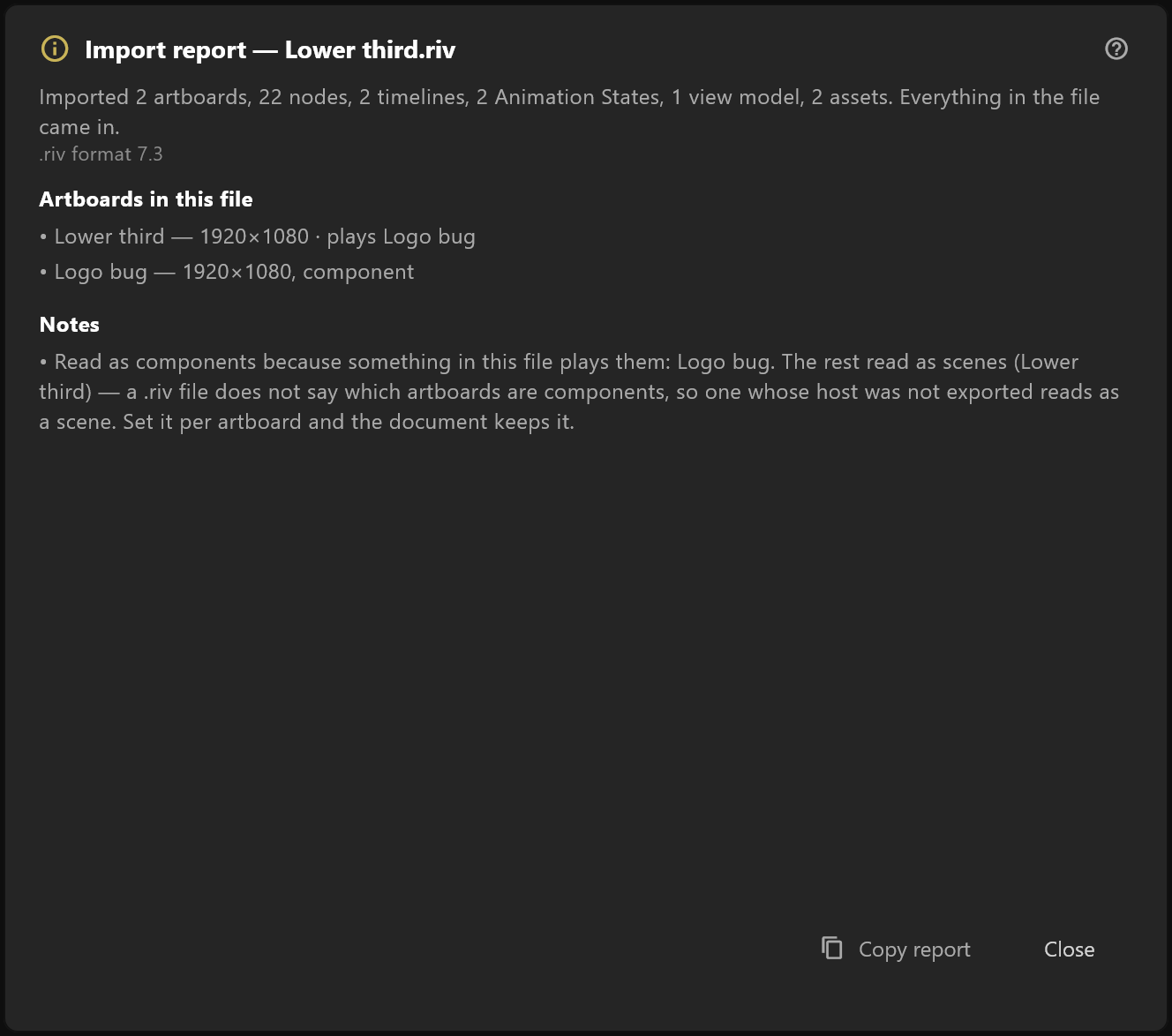 The import report for a file: what came in, the artboards it holds, and notes