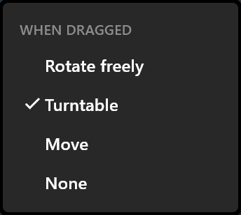 Interaction ▸ on a 3D object: WHEN DRAGGED, with Rotate freely, Turntable (ticked), Move and None