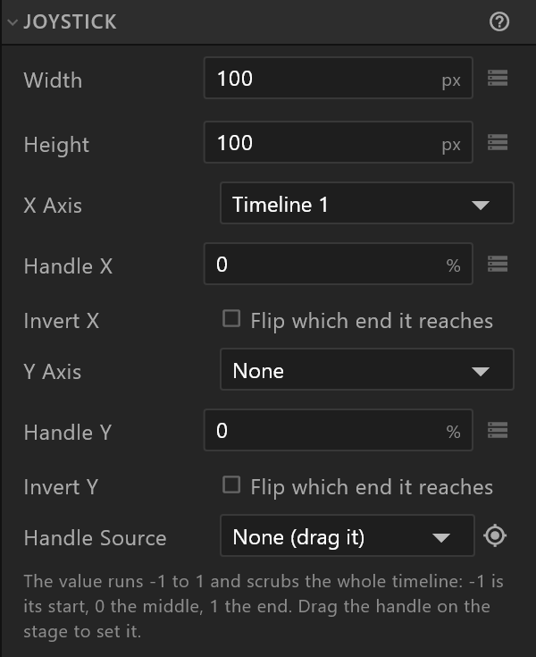 The Joystick section: size, the X and Y axes with their timelines, Handle Source, and how the value works