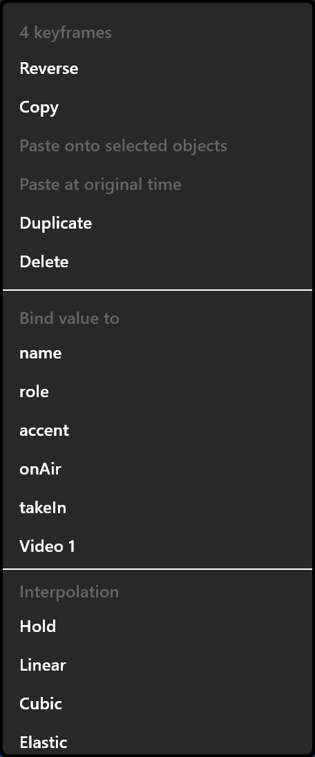 The key menu on four selected keys: Reverse, Copy, Paste, Duplicate, Delete, Bind value to a property, and Interpolation