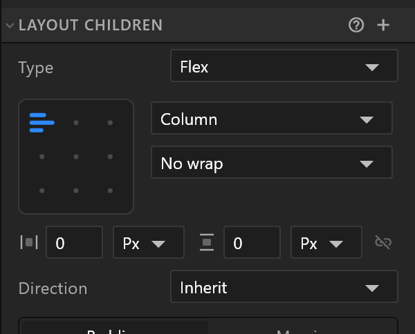 Layout Children: type, the alignment pad, direction, wrap and gaps
