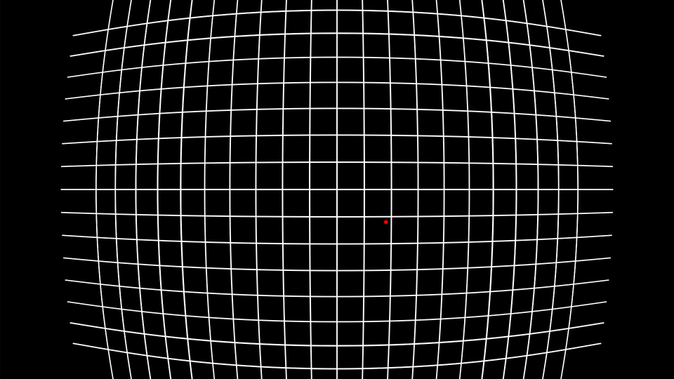 A grid seen through a barrel bend: straight lines bow outward towards the edges