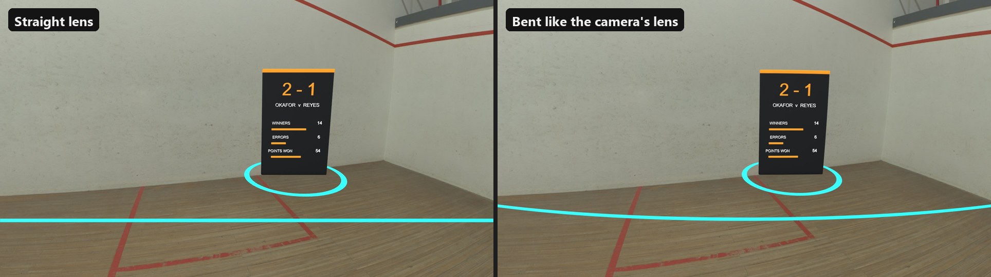 A floor line over a wide camera's picture: straight on the left, where the court's own lines curve; bent like the camera's lens on the right, so it runs with them