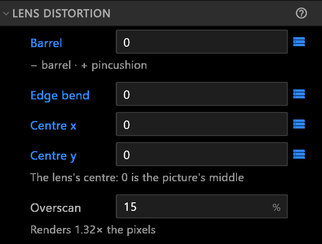 LENS DISTORTION on a tracked camera: Barrel, Edge bend and Centre x and y bound to the tracking data