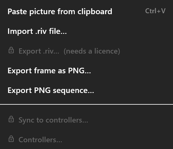 The File menu without a licence: Export .riv… (needs a licence), Sync to controllers… and Controllers…, dim with a lock