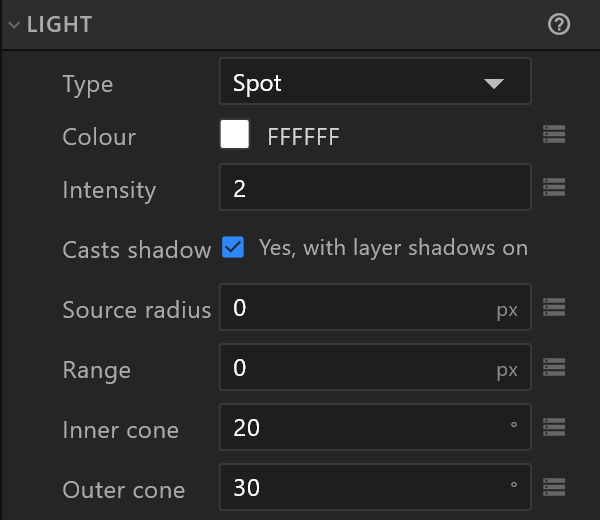 A spot light's Light section: Type, Colour, Intensity, Casts shadow, Range and the cones