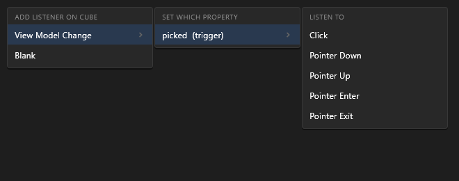 Add listener on Cube: View Model Change, the picked trigger, and what to listen to, from Click to Pointer Exit