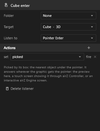 The Listener inspector for Cube enter: Target Cube · 3D, Listen to Pointer Enter, an action that fires picked, and where it answers