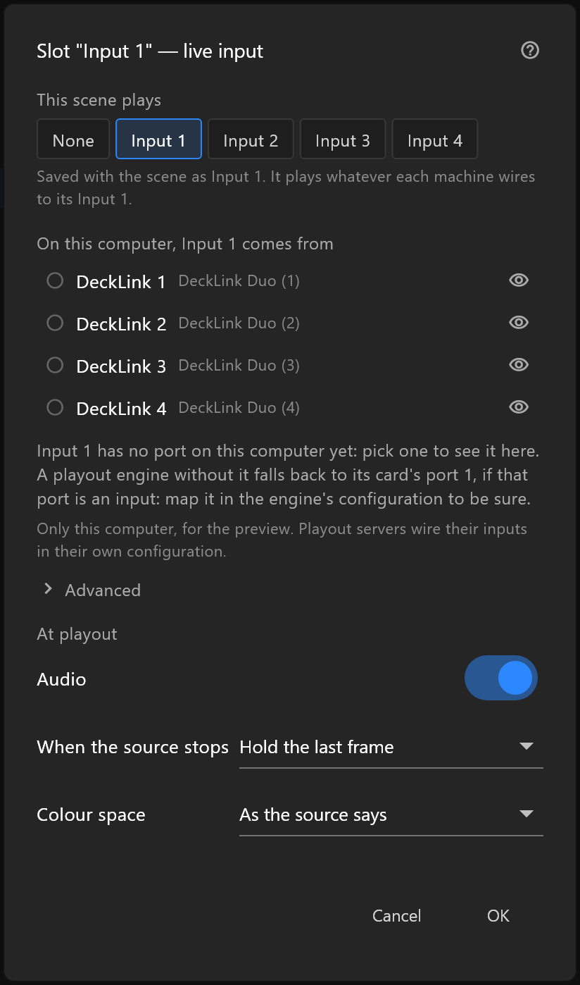 Input 1 chosen: the DeckLink ports on this computer, and which one feeds Input 1 here