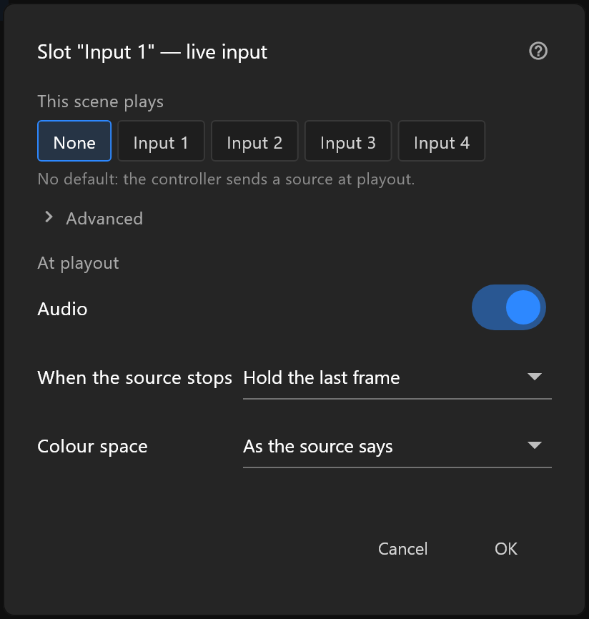 The live input dialog: This scene plays None, Input 1 to 4, and what happens at playout