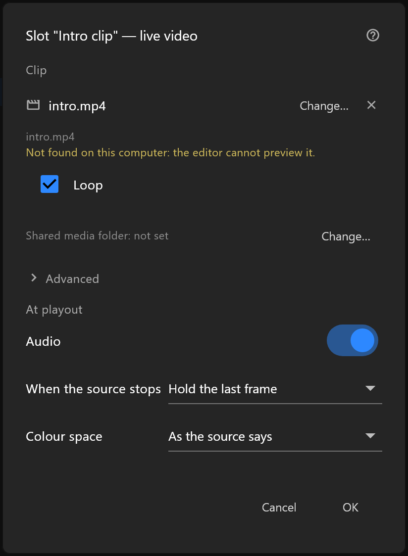A live video's dialog: the clip intro.mp4, set to loop, not found on this computer; the shared media folder; and At playout
