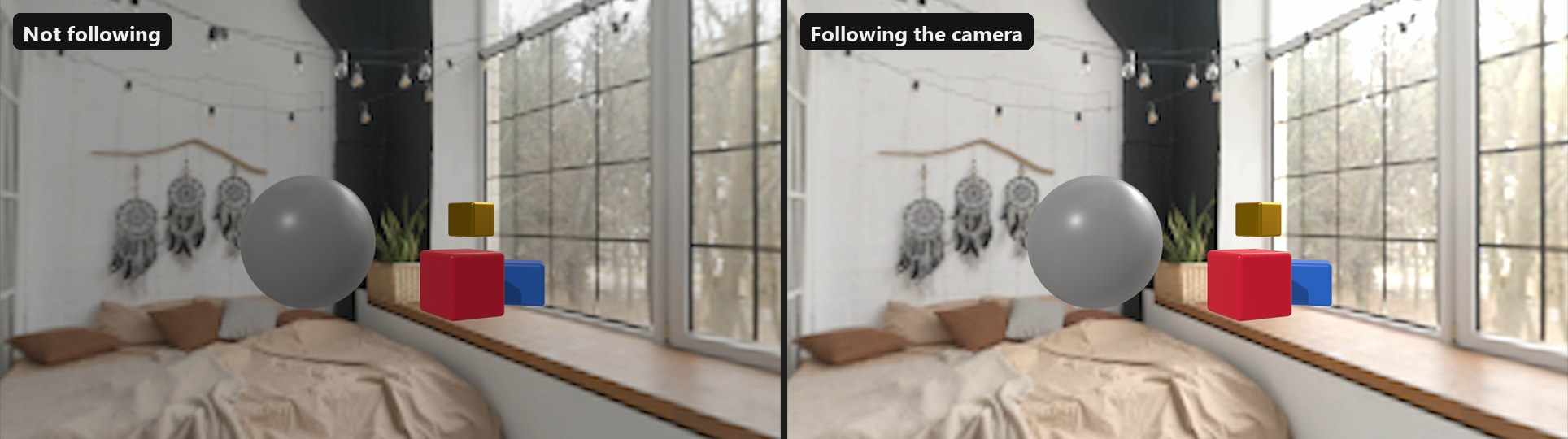 The same moment with the camera one stop brighter: on the left the 3D shapes, not following, look too dark in the room; on the right they follow the camera