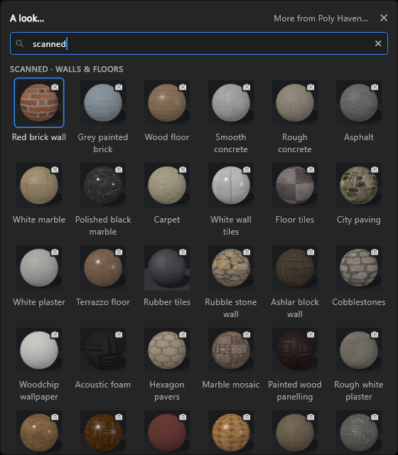 The look picker searched for "scanned": Red brick wall, Grey painted brick, Wood floor, concretes, asphalt, marbles, tiles, paving and the rest of Scanned · Walls & floors, each with its camera mark