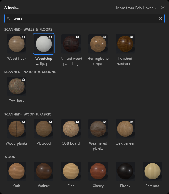 The look picker searched for "wood": scanned wood floors, panelling and planks under their Scanned headers, the blue ring on Woodchip wallpaper, then the Wood group