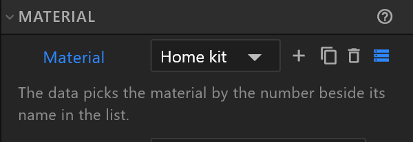 The Material row bound to a number: Home kit in the row, the bind button lit, and the note "The data picks the material by the number beside its name in the list."