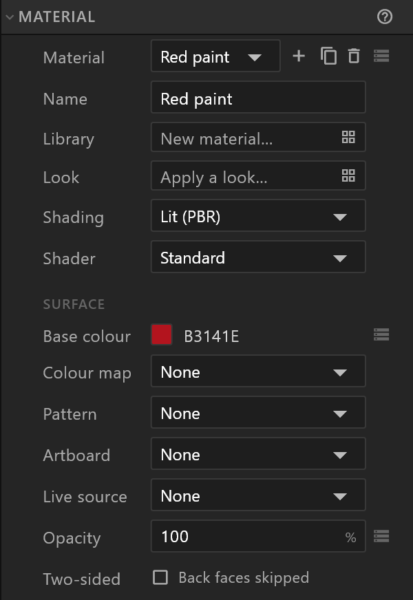 The Material section: the material, New material…, and its Surface rows