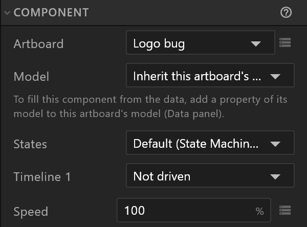 The Component section: Artboard, Model, Machine, a timeline's row and Speed
