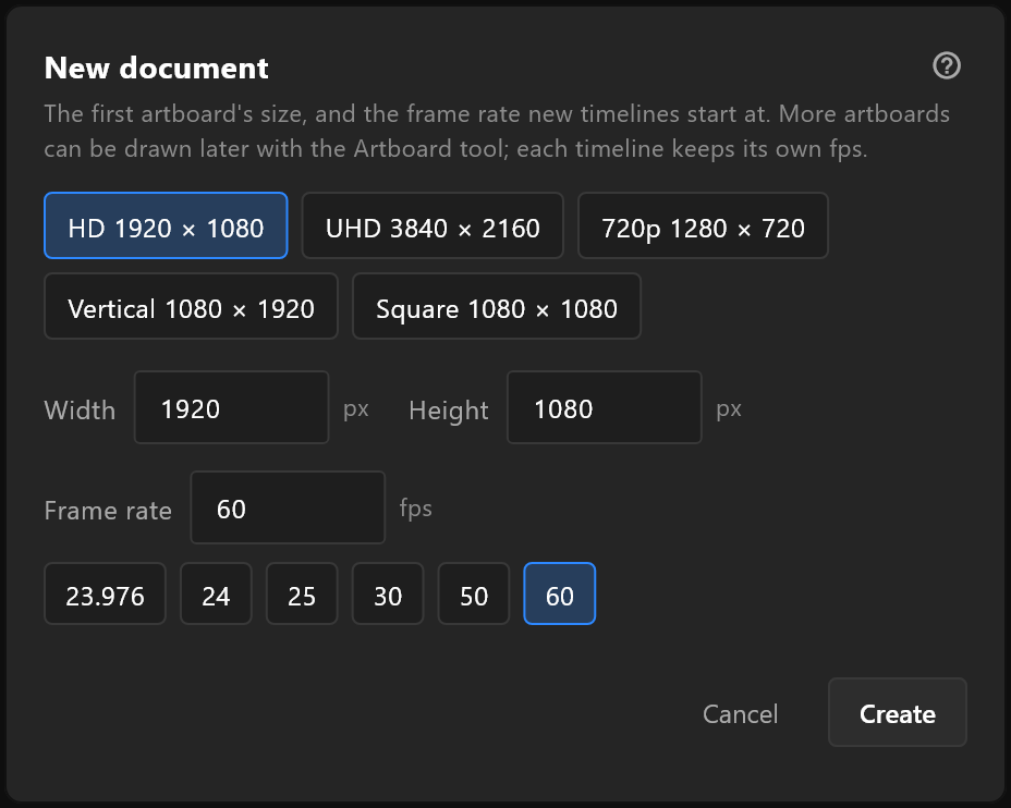 The New document window: size presets, width and height, and the frame rate