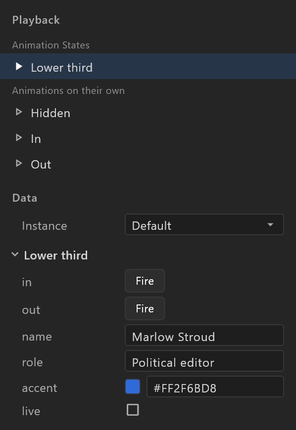 The side panel: Playback with Animation States and Animations on their own, then Data with the Instance row and its values