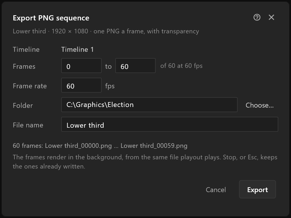 The Export PNG sequence window: timeline, frames, frame rate, folder and file name, and what it will write