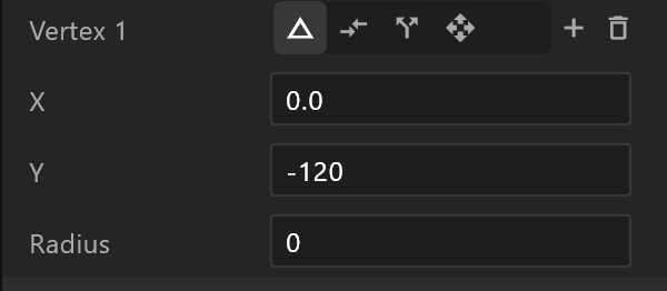 A selected point's rows: its kind buttons, X, Y and Radius