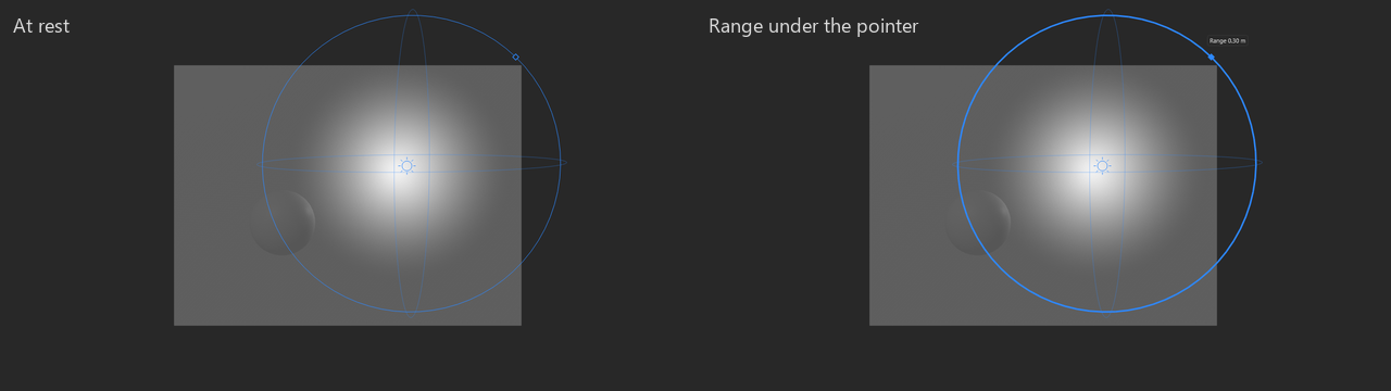 A point light's range on the stage: the sphere and its diamond at rest, then with the diamond under the pointer and the label Range 0.30 m