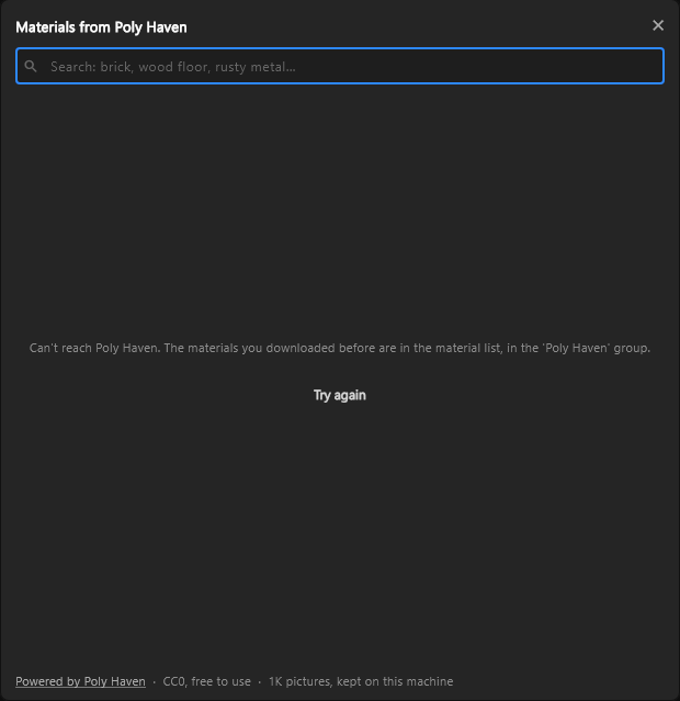 Materials from Poly Haven offline: "Can't reach Poly Haven", the Poly Haven group to use instead, Try again, and Powered by Poly Haven · CC0, free to use · 1K pictures, kept on this machine