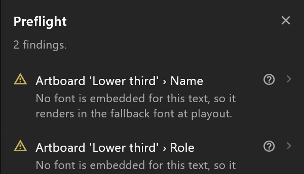 The preflight report with two findings: two texts with no embedded font