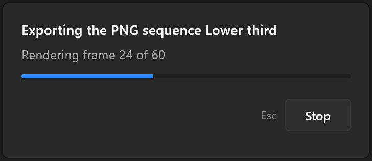 A progress panel: Exporting the PNG sequence Lower third, Rendering frame 24 of 60, with Stop