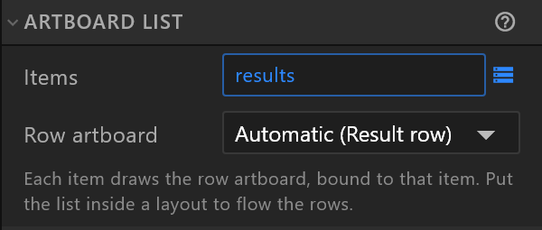 Bound to results: Row artboard reads Automatic (Result row)