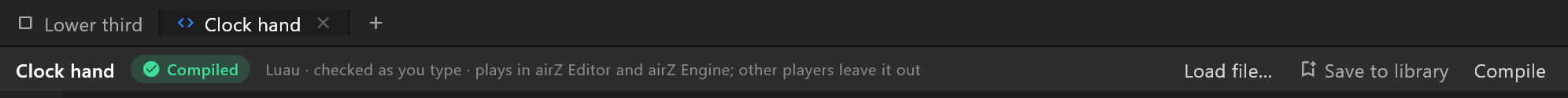 The script tabs, with the stage's tab first and + at the end, and the script's own bar: its name, the Compiled chip, Load file…, Save to library and Compile
